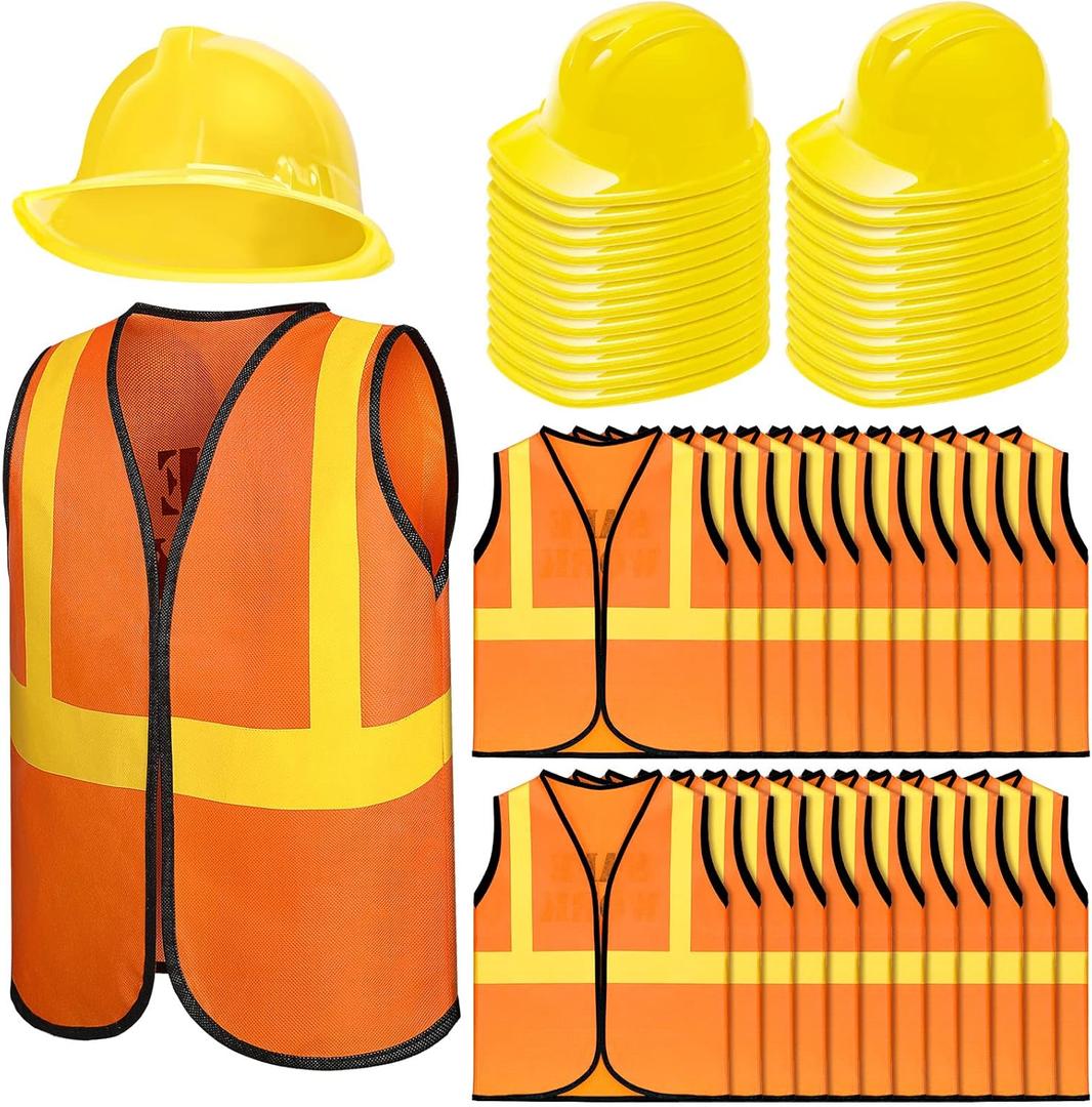 Hillban 48 Pcs Kids Construction Worker Costumes Includes 24 Pcs Construction Vests and Hats for Kids Birthday Party Halloween Worker Costume Cosplay Favor Decoration (Orange)