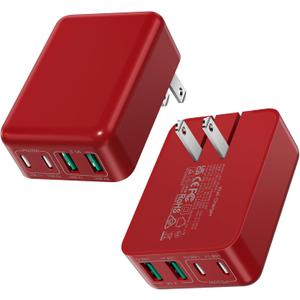 Flat USB C Wall Plug 2Pack 40W Foldable Slim Fast Charging Block 4Ports USB C Charger Block Cube Box Compatible with iPhone 16 Samsung, Pixel, Tablets, Multiport Power Adapter Plug Brick Christmas Red