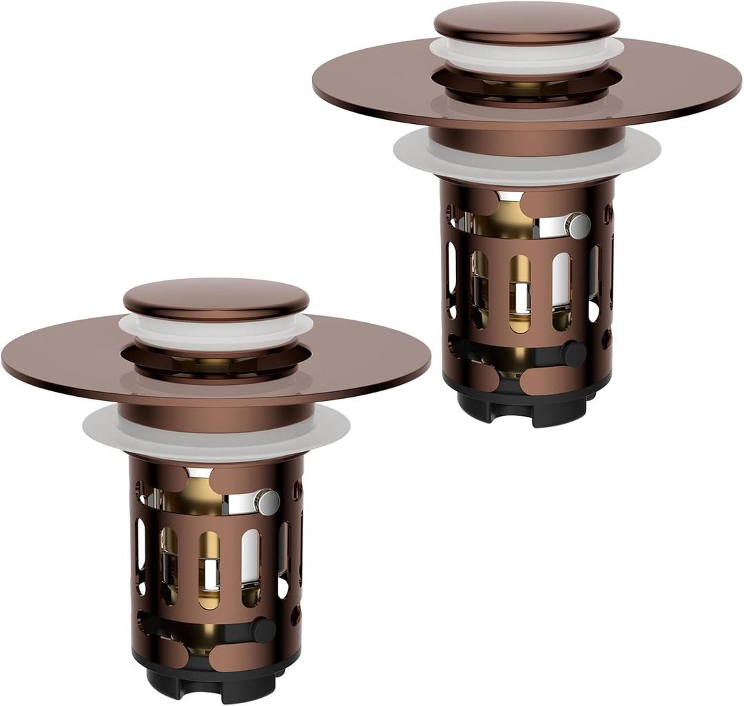 Hibbent 3 Pack 3 in 1 Bathroom Sink Drain Strainer, Universal Pop Up Stopper with Removable Stainless Steel Filter Basket Hair Catcher, Sink Plug for 1.1''~2.36'' Basin, Brass Bullet Core, Rose Gold