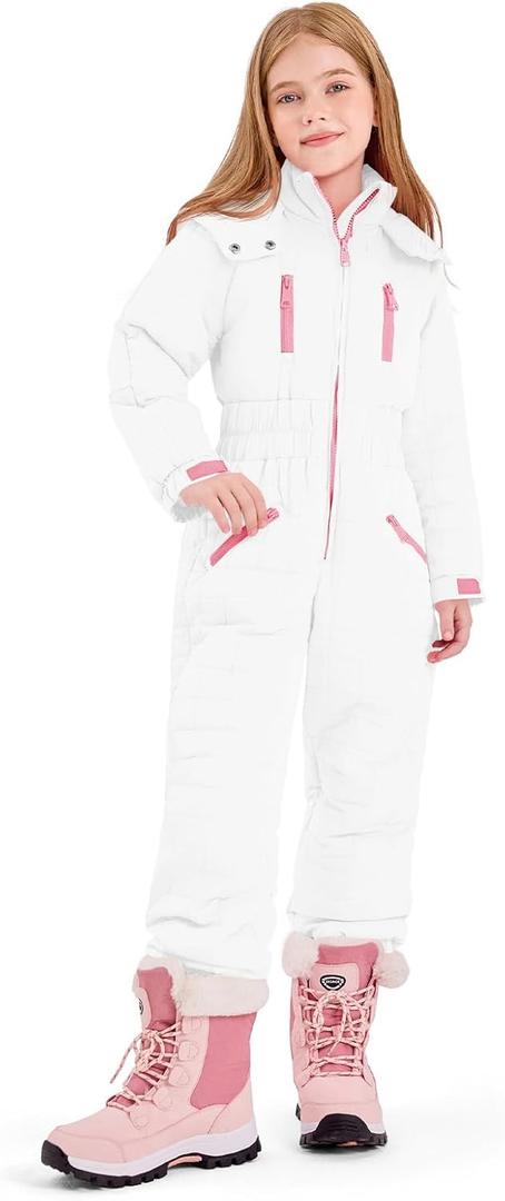 Haloumoning Kids Snow Suit Girls Hooded Waterproof Insulated One Piece Ski Suit 5-14 Years (11-12 Years, White)