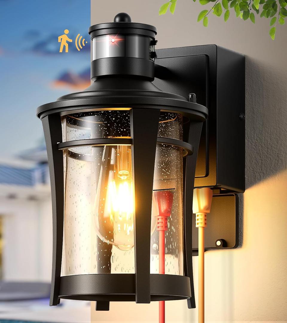 Gleamz Outdoor Porch Light with GFCI Outlet, Black Motion Sensor Outdoor Wall Light Fixtures, 100% Aluminum Exterior Lantern Lights, Wall Mount Light with Seeded Glass, Coach Lights for Garage, Patio, 1-Pack