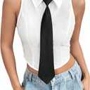 SOLY HUX Women's Button Down Sleeveless Crop Shirts Summer Tank Top Cropped Blouse with Matching Tie White and Black Small