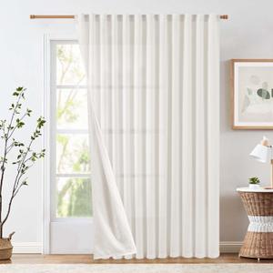 jinchan Extra Wide Sliding Door Curtain 84 Inch Length with Privacy Lining White Linen Lined Curtains for Patio Door Living Room Bedroom Home Office Light Filtering Drapes 100 Inches Wide 1 Panel
