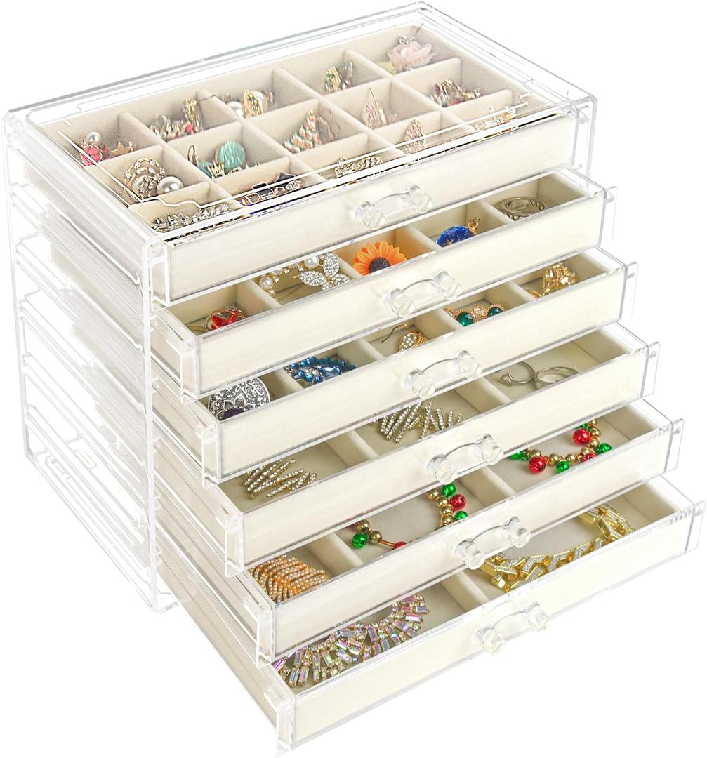 Watpot Acrylic Jewelry Box with 6 Drawers, Clear Earring Storage Organizer Display Case for Women Girls, Beige