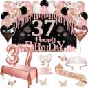 37th Birthday Decorations for Women, 49pcs Black Rose Gold Black Happy 37th Birthday Banner, Tablecloth, Butterfly Decor, Sash and Tiara, Cake Topper, Candles, Balloons Arch