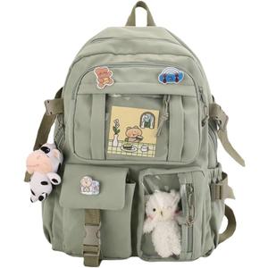 Cute backpack with accessories kawaii Large Capacity Aesthetic backpack (Green)