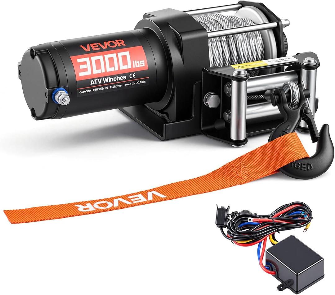 VEVOR 3000 lbs Electric Winch, 12V DC ATV/UTV Winch with 3/16 in x 39.4 ft Steel Wire Rope & Wired Remote Control, IP55 Waterproof, Aluminum Housing Fairlead Mount Plate for Towing ATV, Black