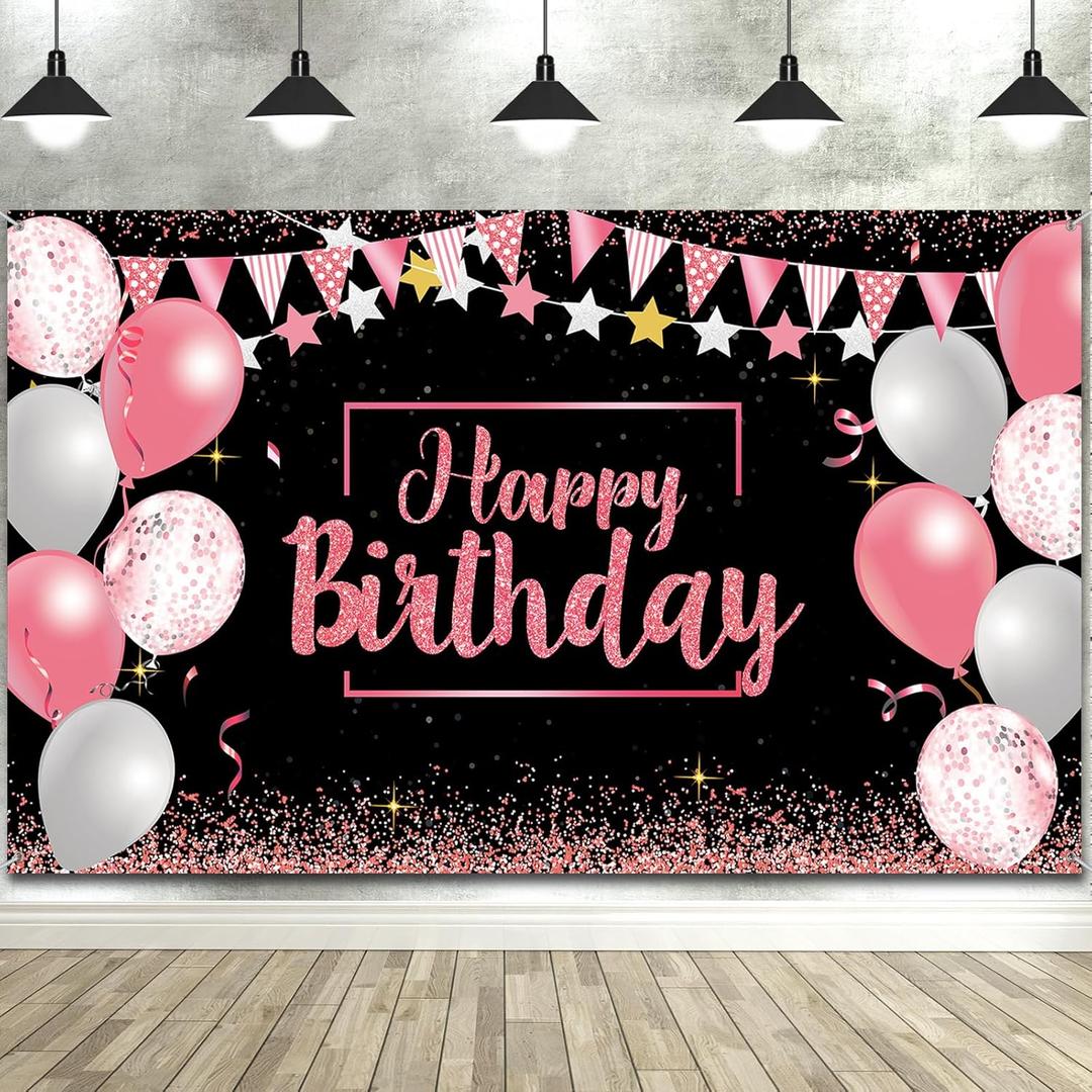 Tatuo Happy Birthday Decorations Backdrop Banner, Glitter Birthday Backdrop Sign Poster Party Supplies Photo Background for Men Women, 72.8 x 43.3 Inch (Pink and Black)