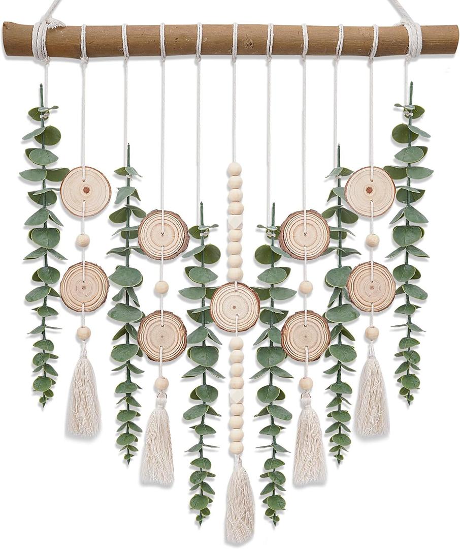 Boho Wall Decor Artificial Eucalyptus Bathroom Decor Fake Eucalyptus Greenery Leaves Stems Wall Hanging Plants on 16.5 inch Wooden Stick with Wooden Bead Rustic Farmhouse for Bedroom Nursery Kitchen (Cream Tassels With Wooden Chip and Stump)