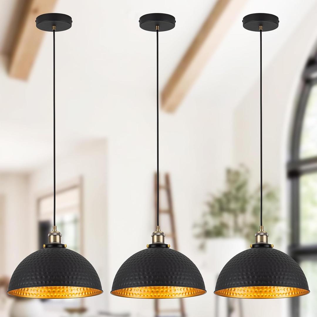12" Industrial Black Gold Pendant Lights Vintage Dome Pendant Light Fixtures with Golden Finish Rustic Farmhouse Black Pendant Lights for Kitchen Island, Dining Room, Bedroom