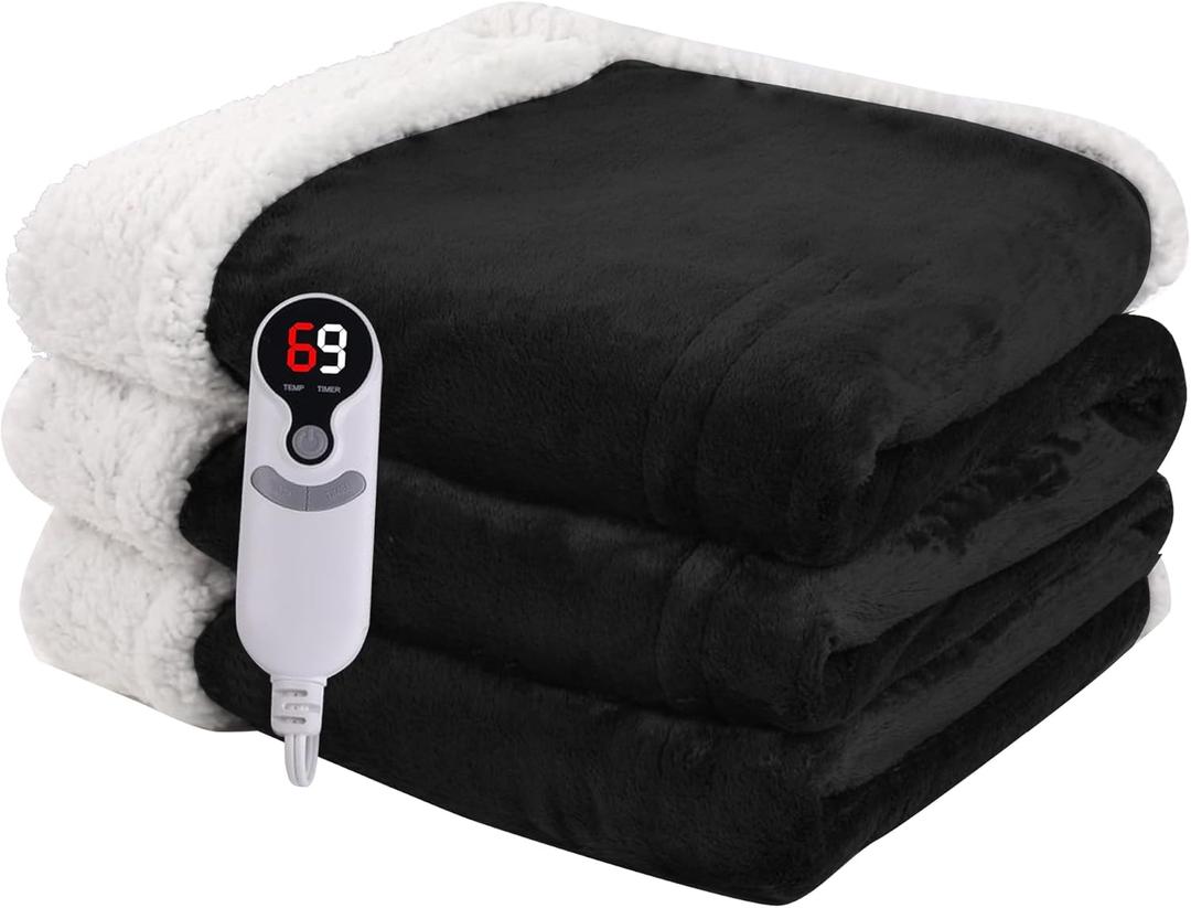 Heated Blanket Electric Blanket Full Size 72''x84'' with 9 Heating Levels, 1-10 Hour Auto Shut Off, Machine Washable, Flannel & Sherpa Soft Warming Blanket for Couch, Bed, Office - Black