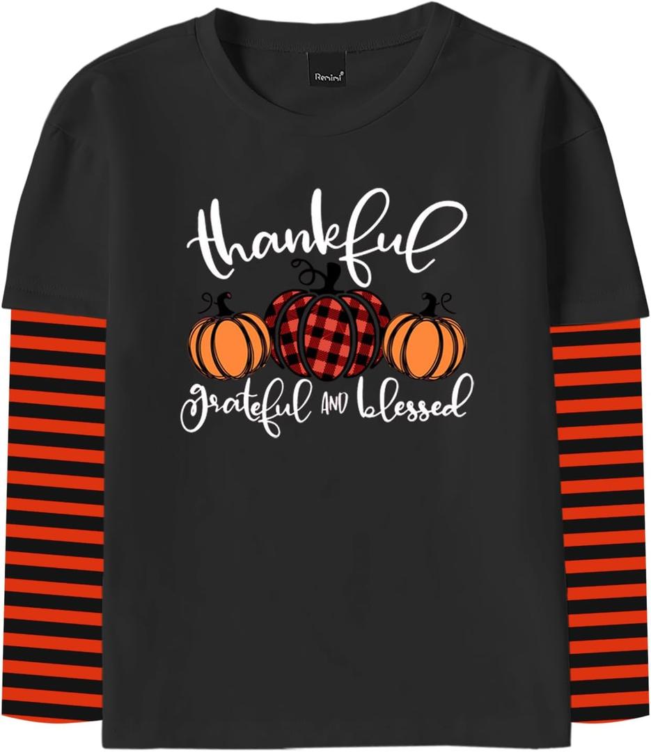 Remimi Unisex Kids Christmas Long Sleeve Shirt Xmas Print Stripe Shirts 2-12 Years (Black)