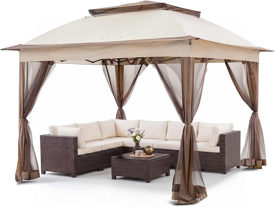 COOS BAY 11x11 Pop Up Gazebo with Mesh Netting, Instant Outdoor Canopy Tent, Water Resistant Shelter with UPF 50+ UV Protection, 121 Sq Ft Coverage, Beige
