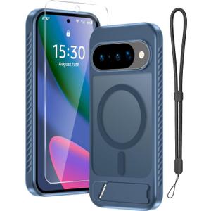 RMOCR Magnetic Case for Google Pixel 10 & Pixel10 Pro with Screen Protector+Lanyard Wrist Strap+Invisible Kickstand[Compatible with Pixelsnap & MagSafe],Translucent Matte Slim Phone Cover,Navy Blue