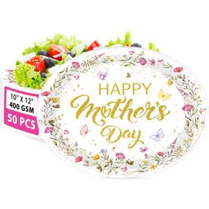 50 Pcs Wildflower Happy Mother's Day Paper Plates 10" X 12" Large Disposable Happy Mothers Day Party Decoration Heavy Duty Floral Butterfly Dessert Plates for Mother's Day Party Supplies