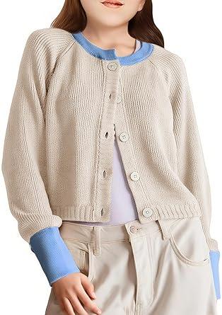 Girls Cardigan Sweater Kids Color Block School Uniforms Button Down Long Sleeve Knit Tops Tweens Winter Clothes Apricot, 130