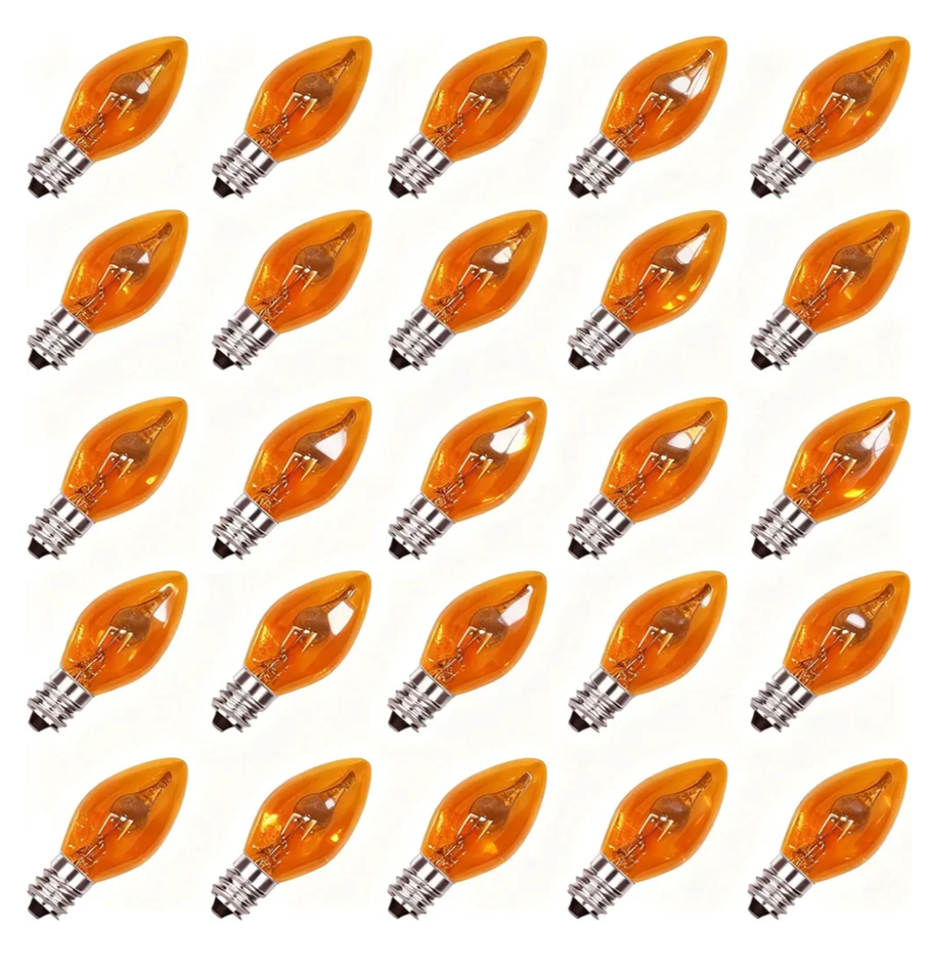 Oviejo 25 Pack Flickering Flame Light Bulbs, C7 Orange Light Bulbs 1 watt, Flame Christmas Light Bulb for Indoor Outdoor Christmas String Light Party Decor