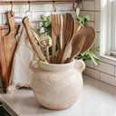 Qinyoung Rustic Kitchen Utensil Holder 6 Inch Small Ceramic Utensil Holder with Handle Vintage Crock Decoration Spatula Organizer for Kitchen Countertop Farmhouse Party Supplies(White,Elegant)
