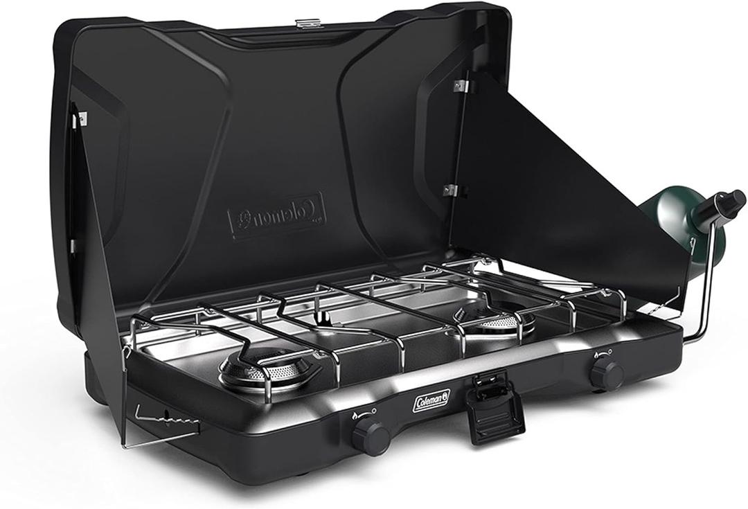 Coleman Triton 2-Burner Propane Stove, Portable Camping Cooktop with 2 Adjustable Burners & Wind Guards, 22,000 BTUs of Power for Camping, Tailgating, Grilling, BBQ, & More (Matte Black)