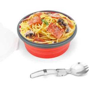 CCyanzi 1200ml Collapsible Camping Bowl Silicone Food Storage Container with Lid and Foldable Stainless Steel Fork Spoon, for Picnic, Travel, Camping, RV, Fridge and Microwave Bowls (Red)