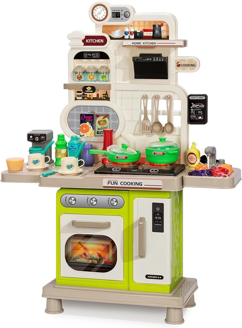 Kids Play Kitchen Set, Toddler Kitchen Playset with Light & Sound, Cooking Stove, Play Sink, Coffee Maker, Play Food Toy and Kitchen Accessories, Kitchen Toy for Kids Girls Boys - Green