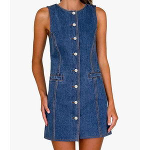Women's Denim Dress Jean Sleeveless Button Down Shirt Mini Blue Small