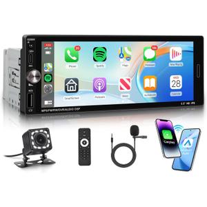 Single Din Car Stereo Wireless Carplay Android Auto, Car Stereo Receivers Bluetooth 5.2, 6.9" IPS Touchscreen Radio 1 Din, Backup Camera, Mirror Link, SWC, FM EQ USB Type-C