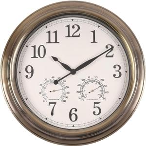 16 Inch Outdoor Clocks, Metal-Frame Outdoor Clocks Waterproof, Silent Outdoor Wall Clock for Patio Pool, Bronze