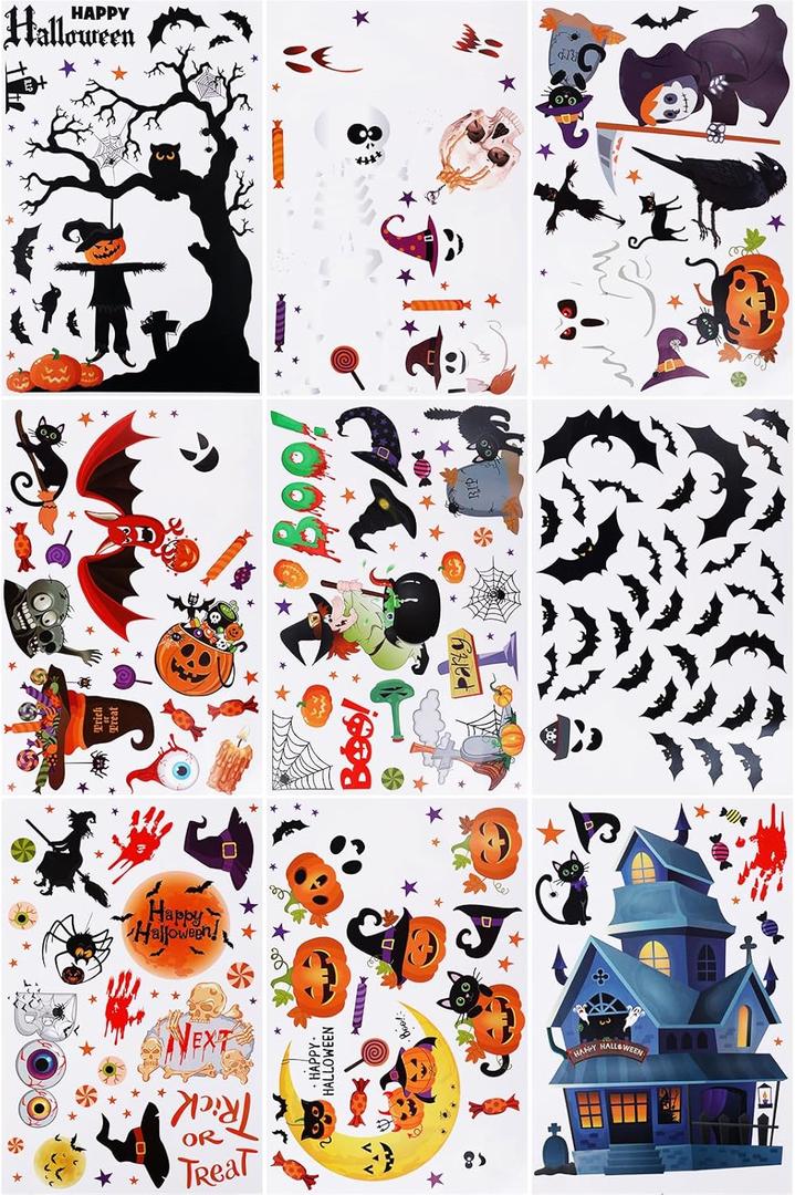 9 Sheets Halloween Window Sticker, 223 Patterns Halloween Window Cling Sticker Scary Castle Pumpkin Spooky Bat Halloween Window Clings Decals for Window Door Home Party Store
