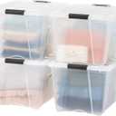 IRIS USA 51 L (54 QT) Plastic Storage Box with Lid and Latches - 4 Pack - BPA-Free, See-Through Organizing Solution, Durable Nestable Stackable Containers, Secure Pull Handle - Clear