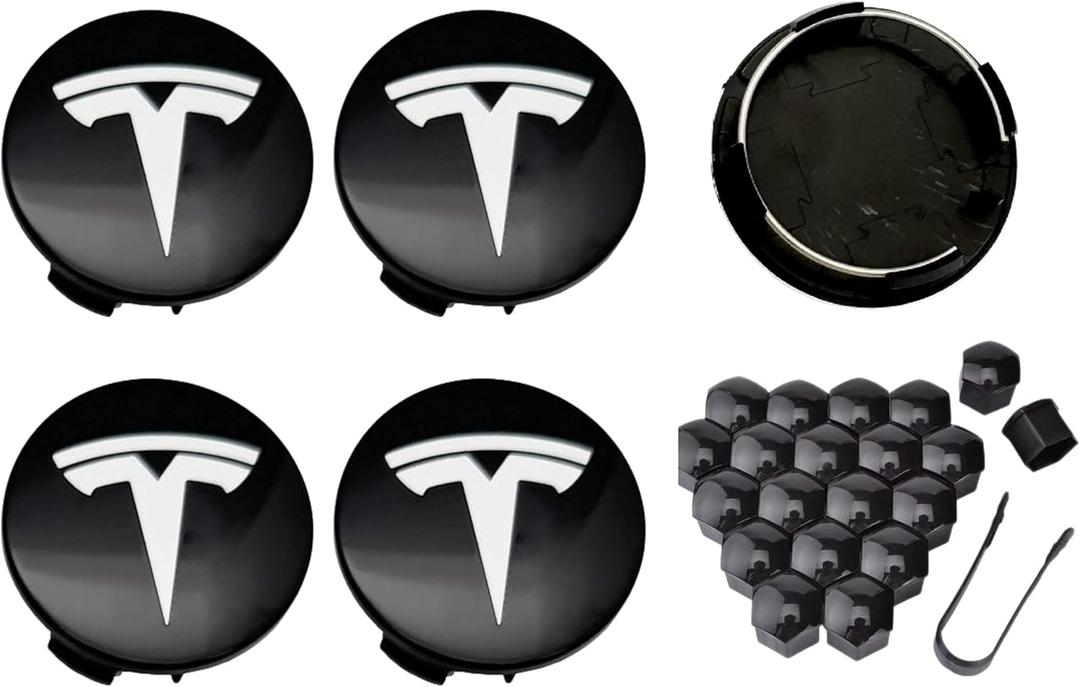 4PCS Car Wheel Center Hub Cap Kit, Hubcaps Accessories for Tesla Model 3 Model Y,56mm Hubcaps Wheel Rim Cover Tesla Center Hub Caps + Lug Nut Covers (Glossy Black Underside+Silver Logo)