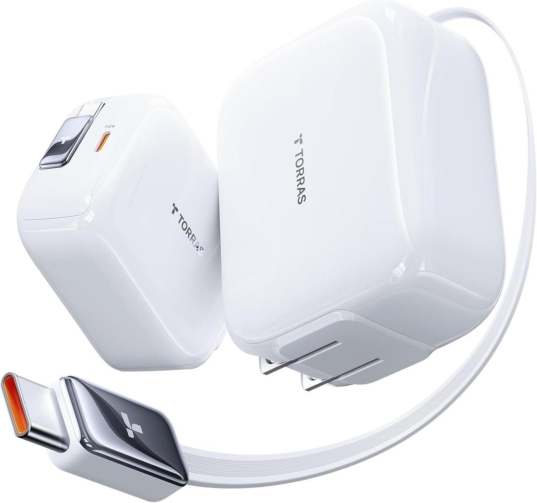 TORRAS FlexLine 67W USB C Charger Block, Dual-Port with Retractable USB C Cable, GaN  Fast Charging for iPhone 16/15, MacBook Pro/Air,iPad Pro,Samsung Galaxy Z Fold 7 S25 Ultra & More,39.37in (White)