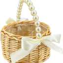 Wicker Rattan Flower Girl Basket with Bows, Pearl Handle Wedding Flower Girl Basket and Home Decorations