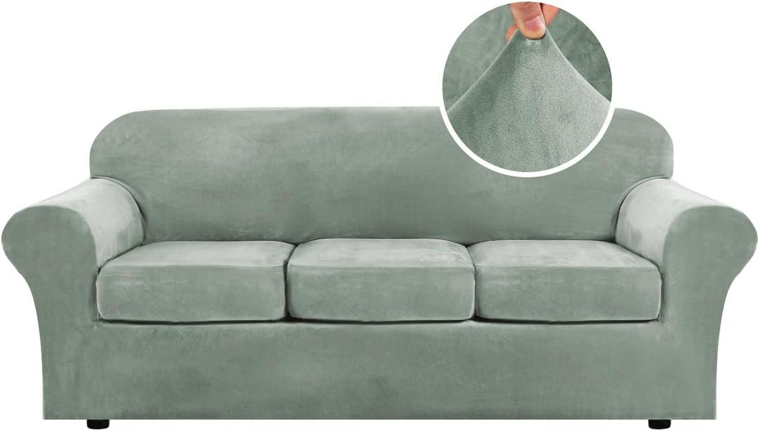 H.VERSAILTEX Modern Velvet Plush 4 Piece High Stretch Sofa Slipcover Sofa Cover Furniture Protector Form Fit Luxury Thick Velvet Sofa Cover for 3 Cushion Couch Width Up to 90 Inch (Sofa, Sea Grass)