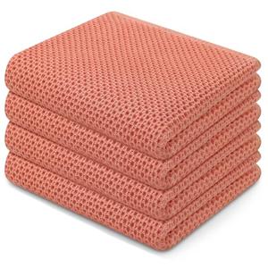 Homaxy 100% Cotton Waffle Weave Kitchen Dish Towels, Ultra Soft Absorbent Quick Drying Cleaning Towel, 13 x 28 Inches, 4-Pack, Coral