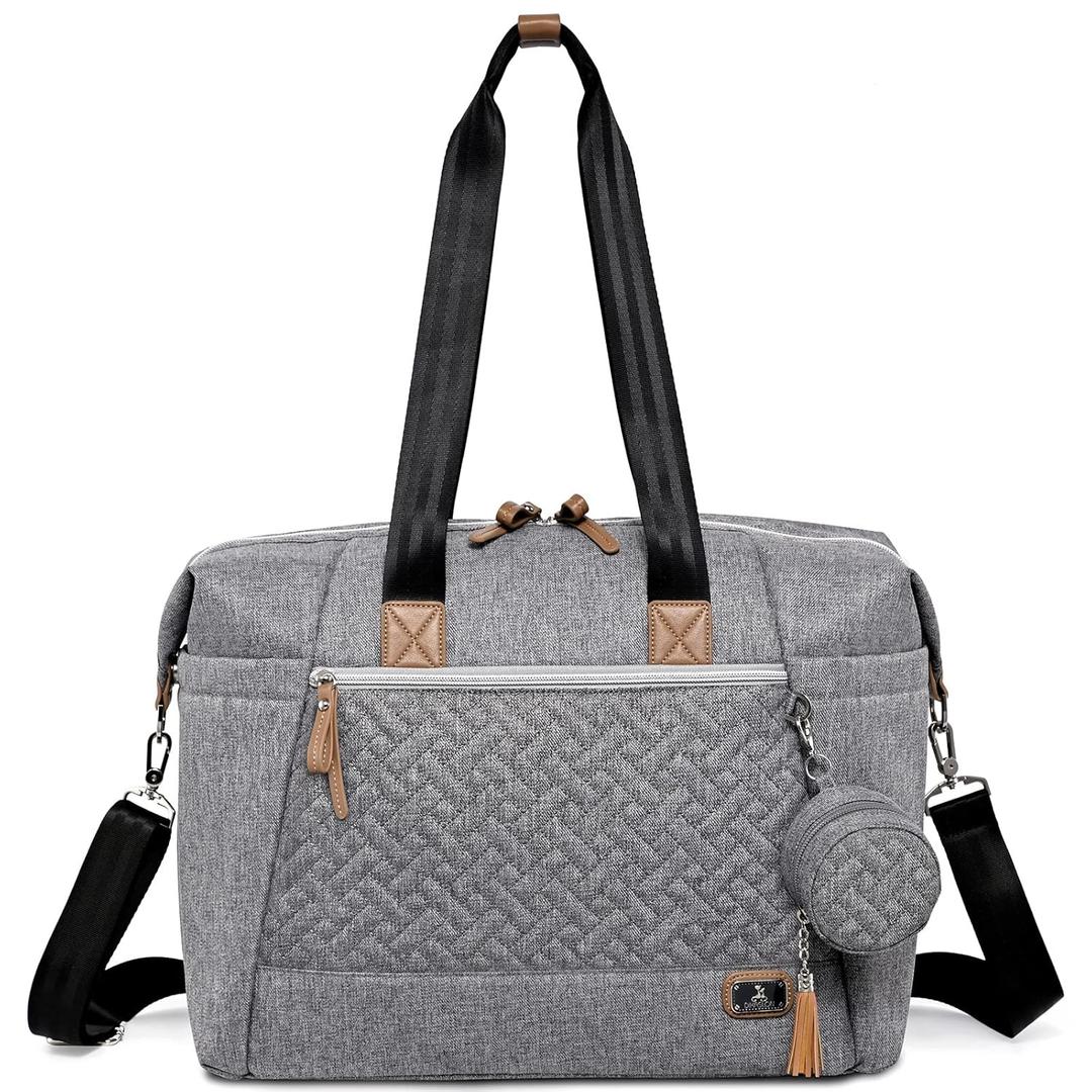 Dikaslon Diaper Bag Tote, Large Travel diaper tote for Mom and Dad, Multifunction baby tote bag for Boys and Girls with Pacifier Case and Changing Pad, Grey