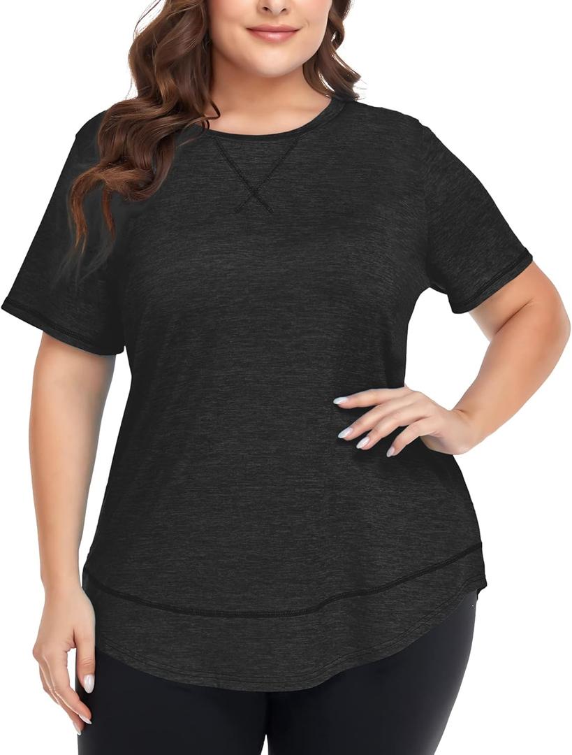 COOTRY Plus Size Workout Tops for Women Short Sleeve Loose fit Shirts Athletic Gym Yoga Clothing (5X, Black)