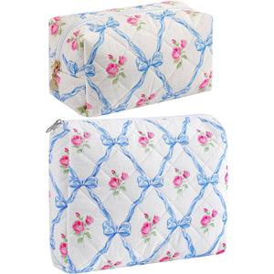 Makeup Bag Travel Cosmetic Bag for Women Girls, Zipper Make Up Pouch, Floral Flowers Toiletry Organizer Makeup, Portable Storage Bag, Cosmetic Travel Cloth Bag (2 Pack (L+S)/Blue Bowknot)