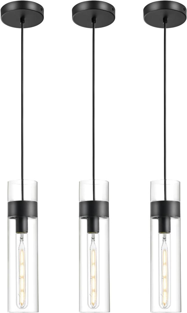 3 Pack Black Pendant Lights Kitchen Island (Bulbs Included), Adjustable Modern Glass Pendant Light Over Island, Industrial Pendant Light Fixtures for Dining Room Hallway Bedroom Living Room