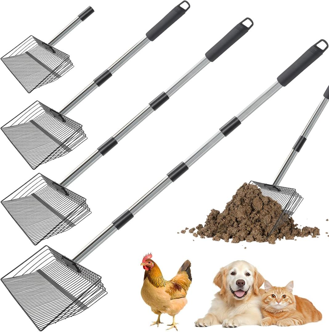 4-in-1 Chicken Poop Scooper & Rake, 15" Large Metal Sifting Shovel Poop Scooper for Sand, Adjustable Stainless Steel Handle 22"-65" for Coop Cleaning,Farms,Courtyards,Poultry Houses