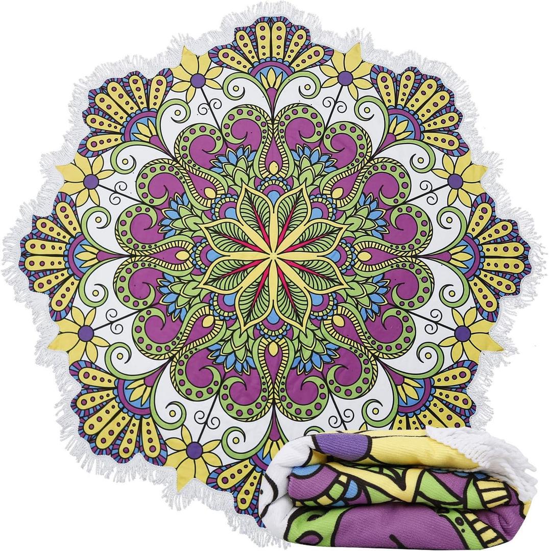 Violet Mist Mandala Round Beach Towel Blanket, Oversized Circle Microfiber Hippie Boho Bohemian Sandproof Flower Towel, Soft 60 inch Beach Towels with Tassels for Women Adult Swim Pool Yoga, Yellow