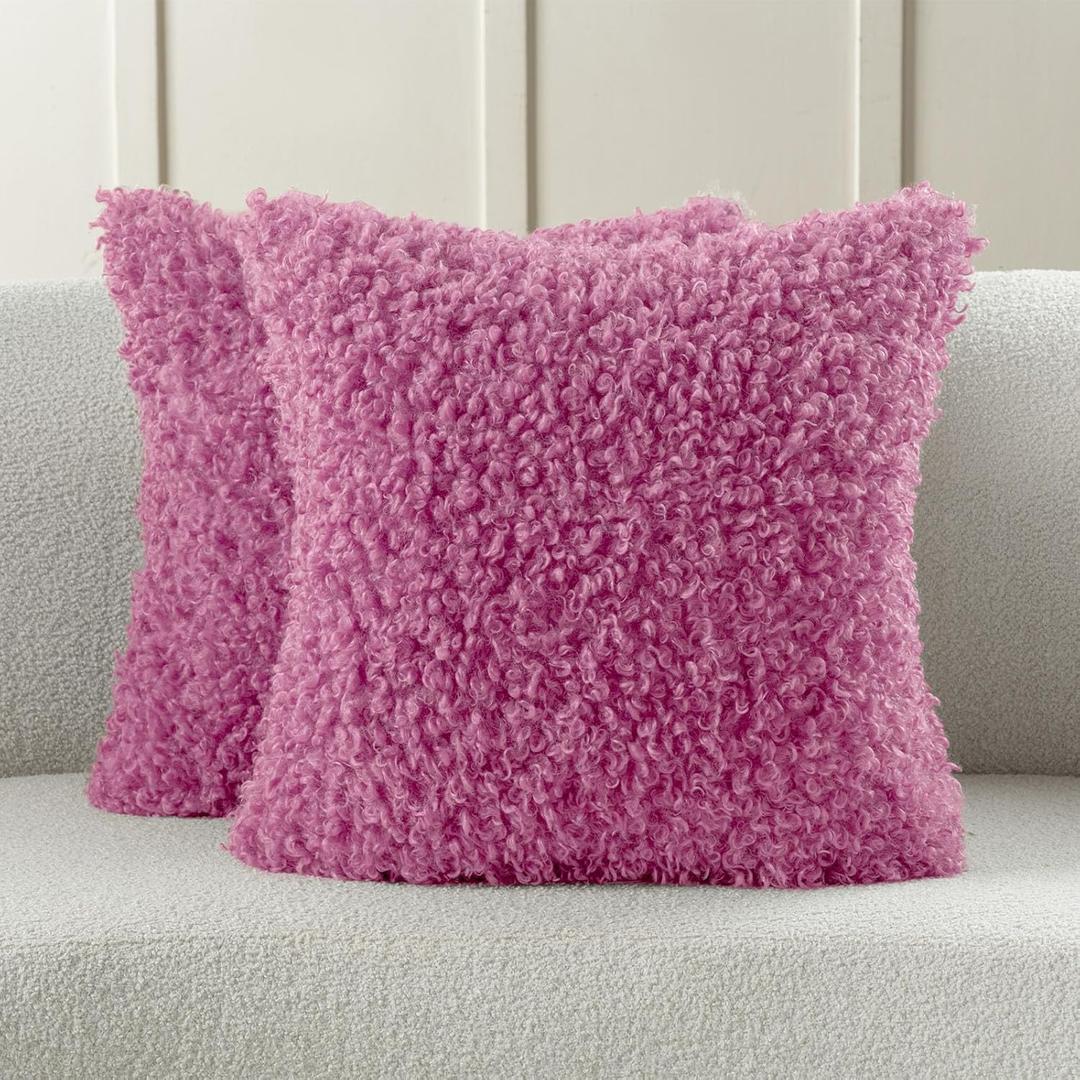 FUTEI Pack of 2 Decorative Throw Pillow Covers 20x20 Inch,Soft Fluffy Faux Wool Fur Boucle Textured Cushion Case,Modern Home Decor for Couch Bed Living Room Office,Hot Pink