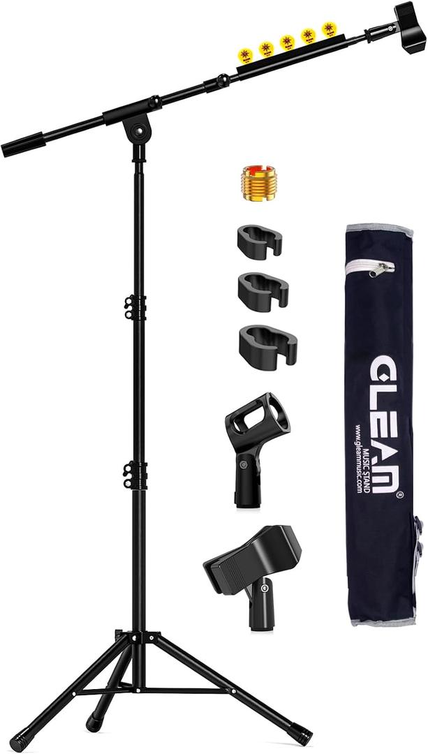 GLEAM Microphone Stand for Light Microphone less than 1 LB - Tripod Boom Arm Mic Stand with Carrying Bag, 2 Mic Clips and Screw Adapter Portable for Singing Performance Wedding Stage and Mic Mount