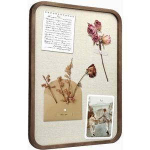 Linen Bulletin Board, Pin Board for Walls, Fabric Bulletin Board, 17.7"x23.6" Pin Board for Home Kitchen Office Decorative, Brown Wood Frame Cork Board(BN-4560) (Browm)