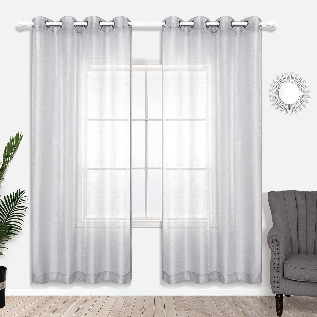 KOUFALL Silver Sheer Curtains, Luxury Curtain for Living Room Bedroom, Light Grey Grommet Backdrop Curtains for Party, 52 x 84 Inch Length, 2 Panels Set, Gray