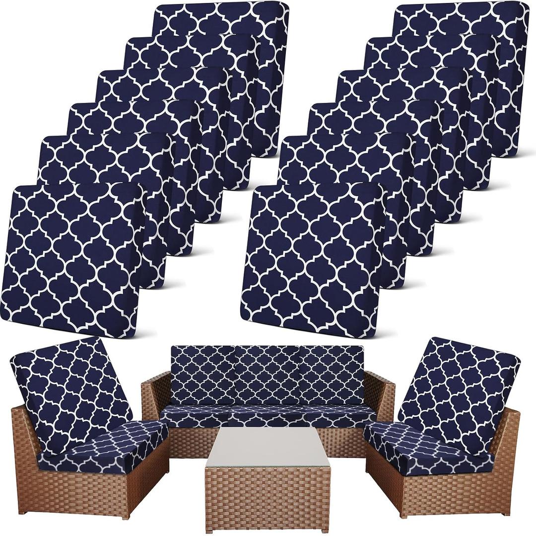 Newwiee 12 Pcs Patio Cushion Covers Outdoor Stretch Sofa Couch Cover Replacement Couch Slipcover Sofa Seat Chair Porch Patio Furniture Protector, Flexibility Washable(Navy Blue,Moroccan)