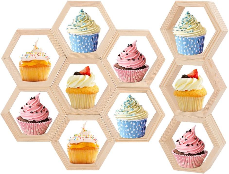 PH PandaHall 10pcs Mini Honeycomb Cupcake Stand Honeycomb Shelves Hexagon Cake Display Holder Wooden Dessert Display Table Sign Stand with Tapes for Birthday Party 4.1x3.5 inch
