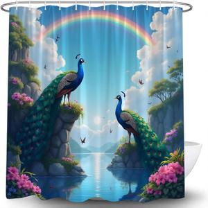 Summer Ocean Scenery Shower Curtain Blue Tropical Peacock Bird Mountain Lake Jungle Rainbow Nature Landscape Floral Plant Fabric Bathroom Curtain Set with Hook (70"WX70"H)