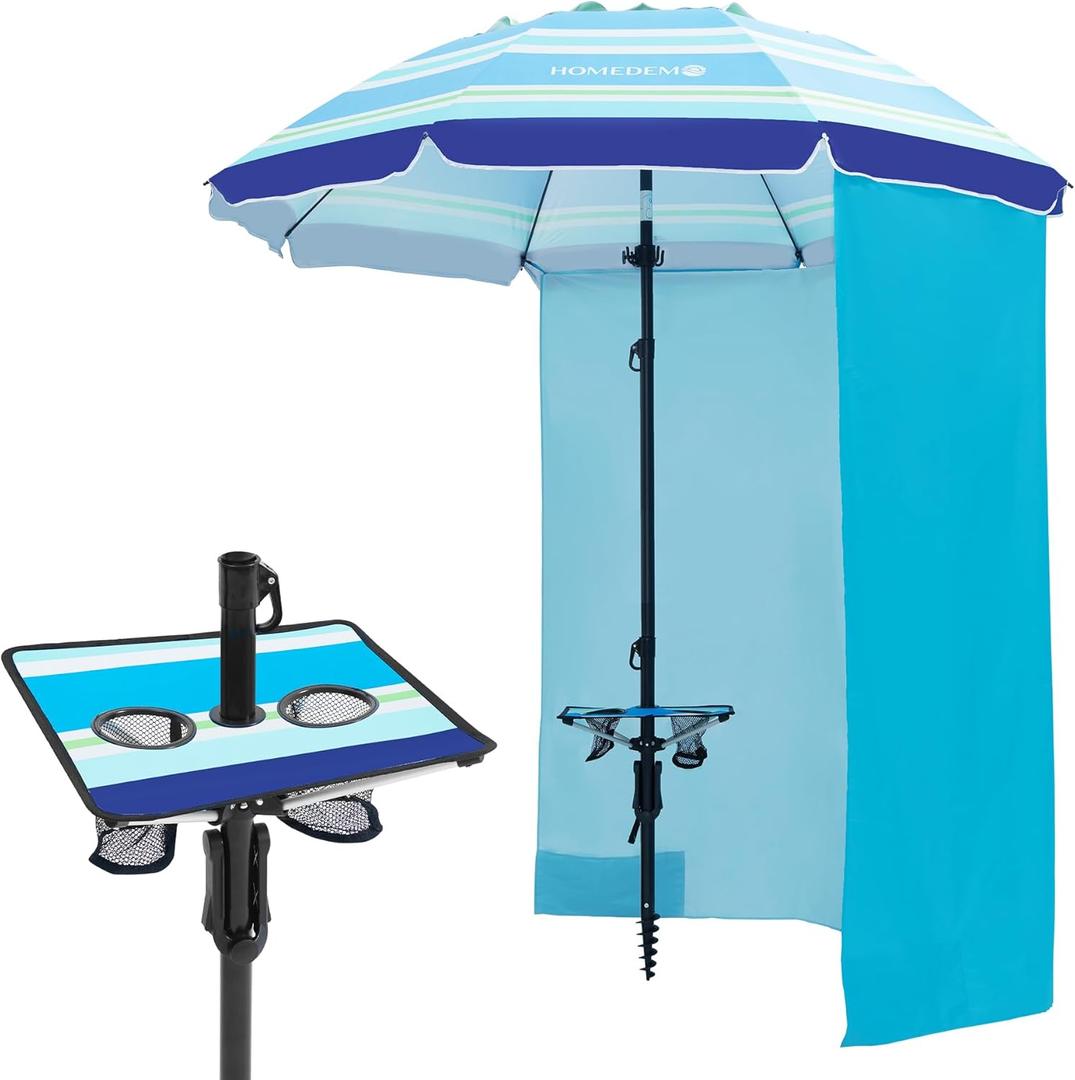 HOMEDEMO Heavy Duty High Wind Beach Umbrella with Sand Anchor,Built-in Table Tray & Tilt Pole&Hook& Curtain, UPF 50+ Windproof Portable Beach Umbrella for Patio Garden Pool Backyard