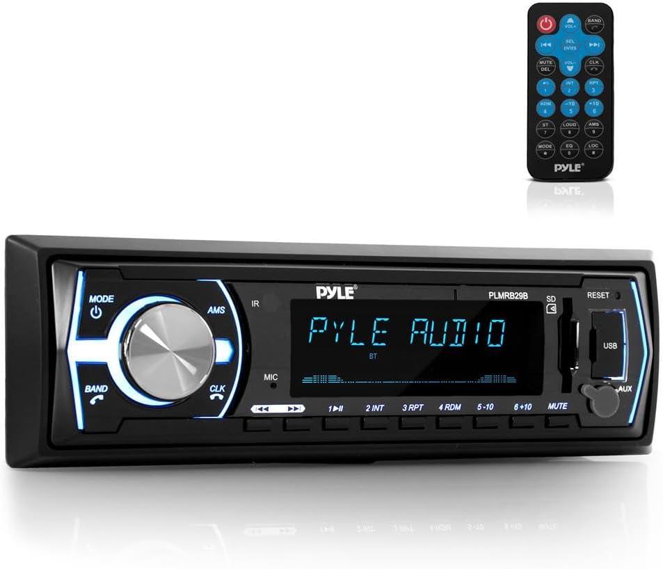 Pyle Marine Bluetooth Stereo Radio - 12v Single DIN Style Boat In dash Radio Receiver System with Built-in Mic, Digital LCD, RCA, MP3, USB, SD, AM FM Radio - Remote Control - PLMRB29B (Black)